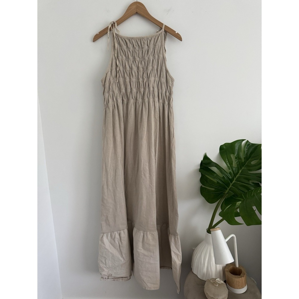 ZARA Gathered Maxi Dress Stone Neutral Size M Boho Flowy Summer Tiered - Picture 2 of 8